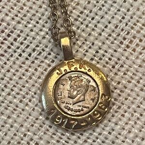 VTG 80s JFK Charm Pendant Necklace in Gold Tone